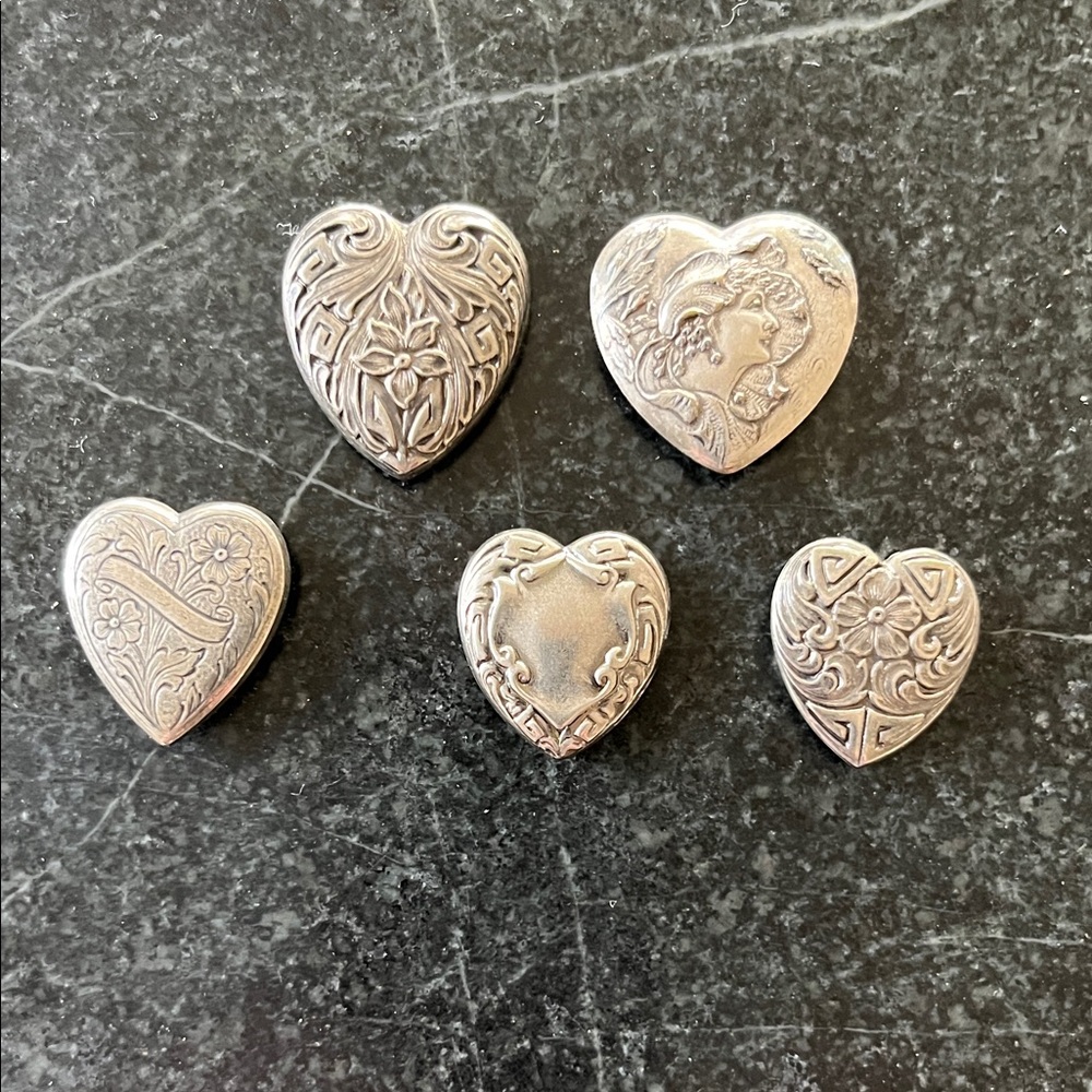 Rare Vintage Silver Heart Shaped Button Covers Set 5